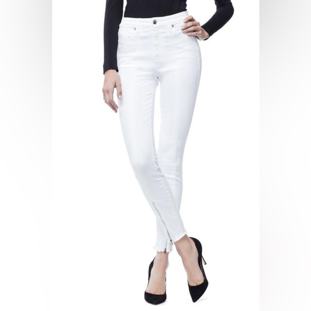 Good American High Rise White Split Hem Zipper Skinny Jeans